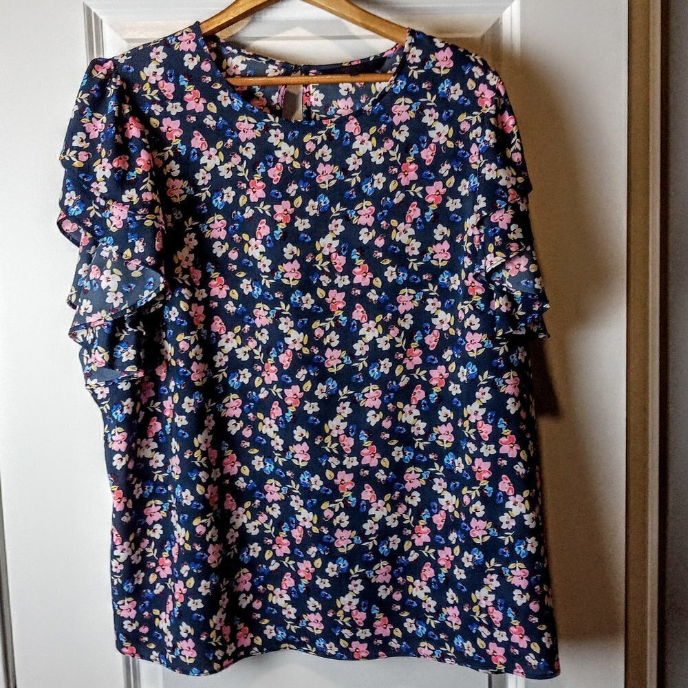 Rachel Roy Blue Floral Flutter Sleeve Blouse - 2X